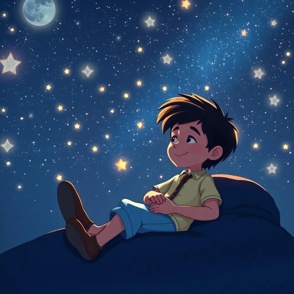 Miguel descansando bajo las estrellas, con un cielo nocturno lleno de estrellas brillantes, atmósfera tranquila y soñadora, hermosa ilustración, detalle delicado