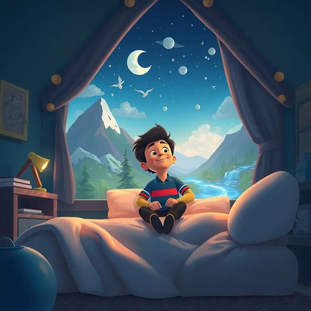 Miguel soñando con aventuras en su hogar, con imágenes de montañas y ríos en su mente, arte imaginativo, estilo suave, envolvente