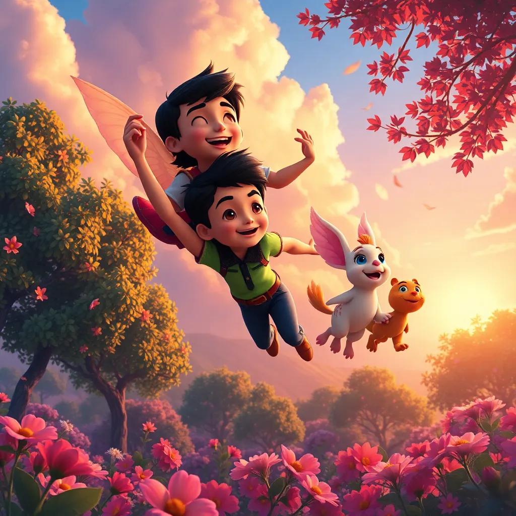 Miguel sonriendo y volando con sus amigos al amanecer, en un paisaje lleno de árboles y flores, estilo de arte vibrante, emotivo y feliz