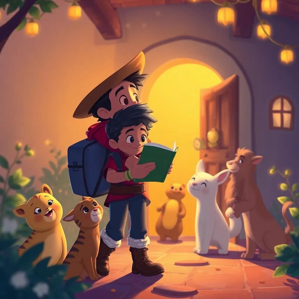 Miguel regresando a casa con historias de aventuras, rodeado de animales felices que lo escuchan, escena cálida y acogedora, ilustración encantadora, luces brillantes