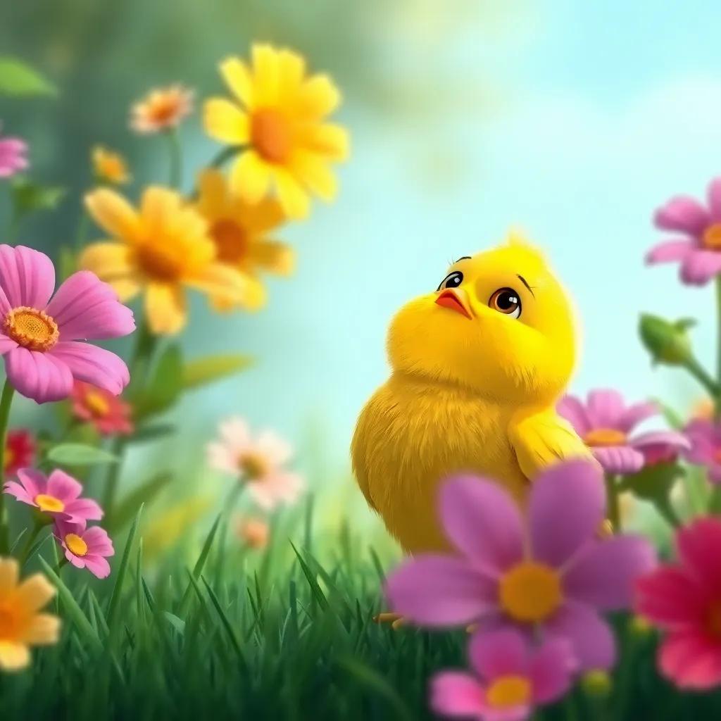 A little yellow bird, Pico, looking up at the sky with a sad face, surrounded by vibrant flowers and green grass, digital illustration, colorful, cheerful atmosphere, child-friendly