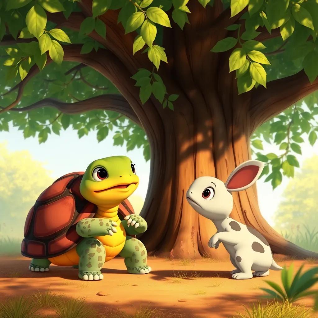 A wise tortoise, Tula, with a friendly face and a strong shell, gently talking to Pico under a big tree, warm sunlight filtering through the leaves, whimsical style, inviting scene, high quality