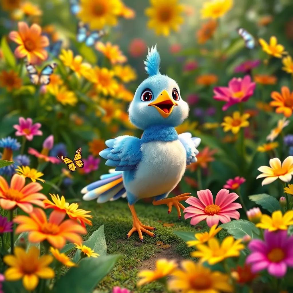 Pico the bird exploring a beautiful garden filled with colorful flowers and dancing butterflies, joyful expression, bright colors, happy vibes