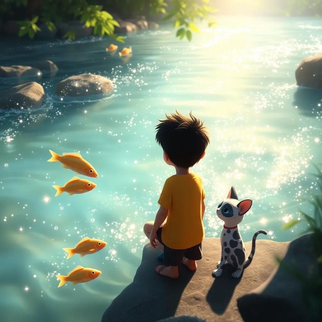 Pico watching fish swim in a sparkling river with Tula beside him, sunlight dancing on the water, serene and magical setting, child-appropriate