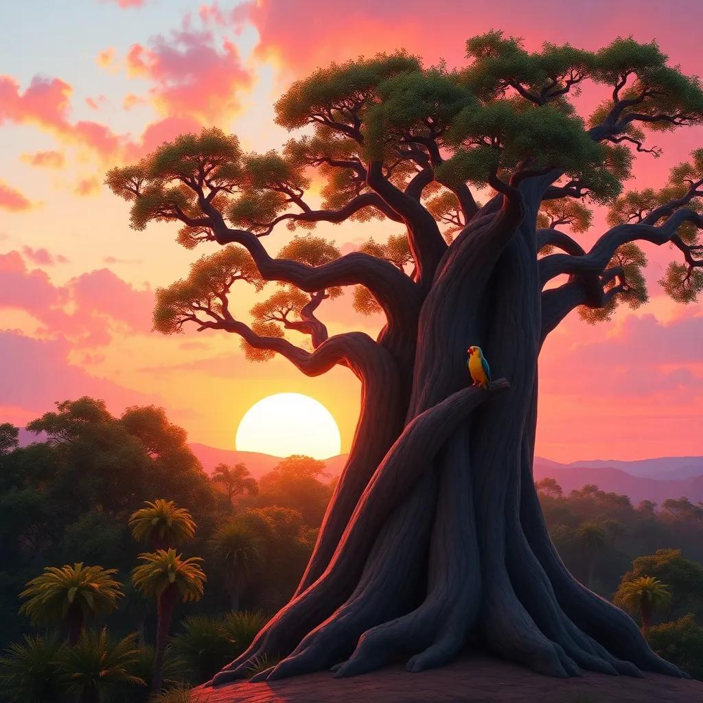 A large tree with Pico perched on a branch, watching a stunning sunset with orange and pink skies, peaceful moment, vibrant colors, heartwarming scene