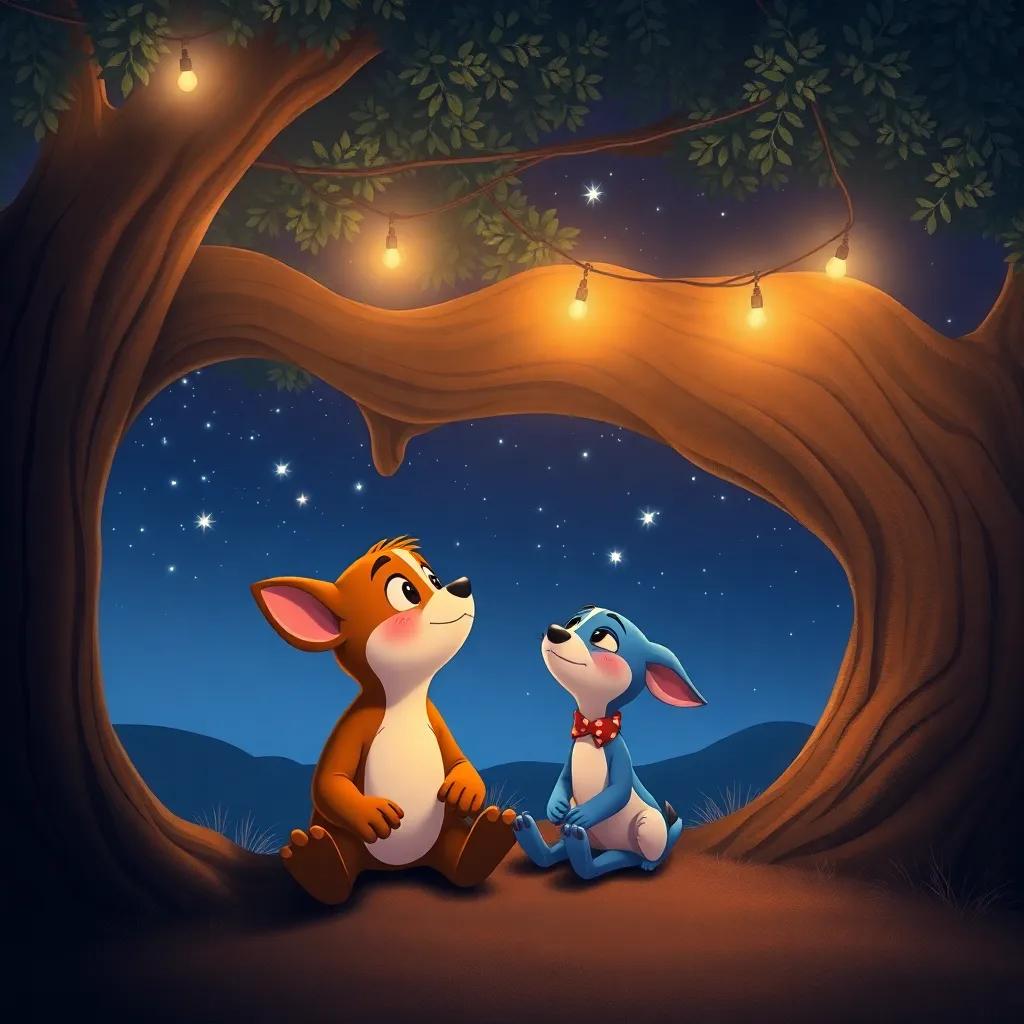 Pico and Tula sitting together under the tree at night, looking at the stars twinkling in the sky, cozy atmosphere, togetherness, bright starry night