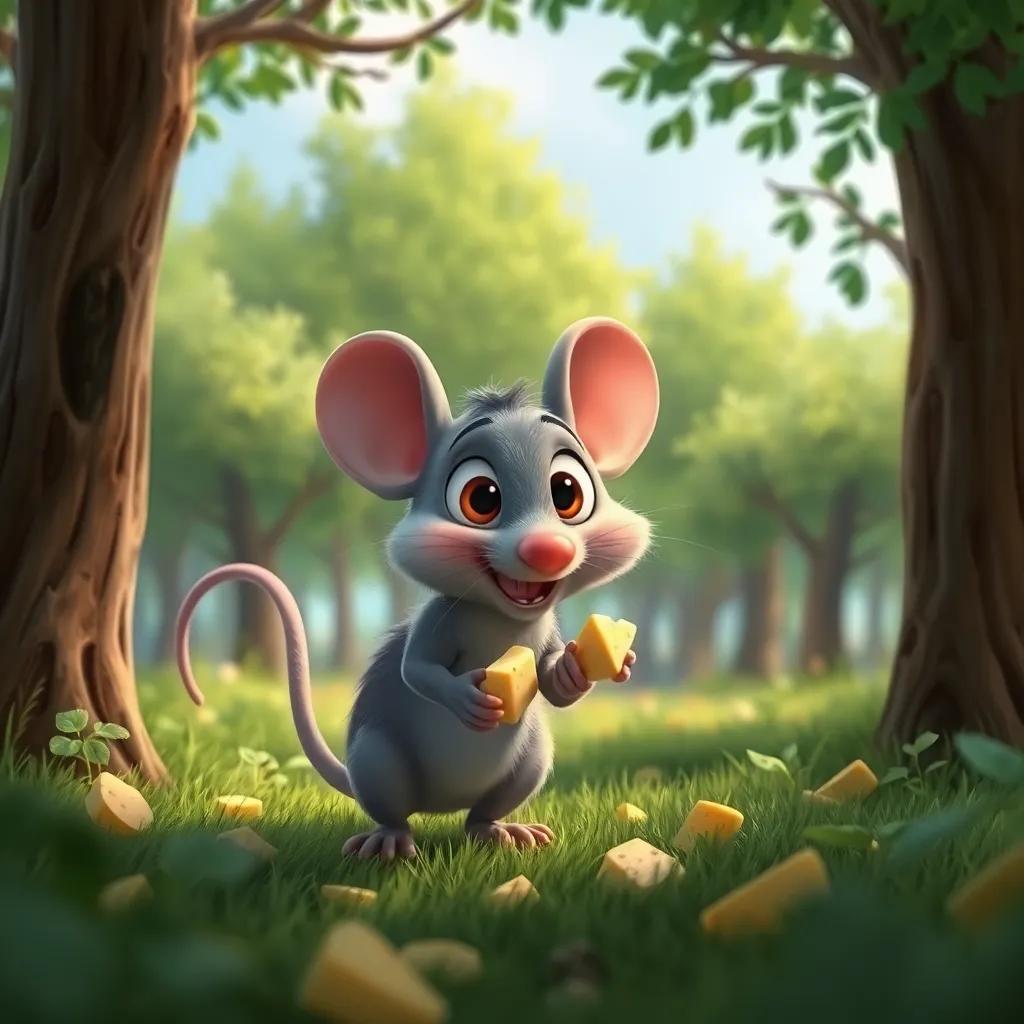 Tito, un pequeño ratón gris con orejas grandes, explorando un bosque lleno de árboles verdes, en busca de queso, digital art, bright colors, cheerful atmosphere, high quality