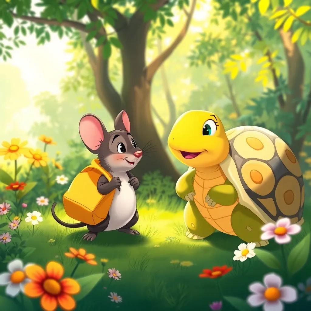 Tito, el pequeño ratón, con su mochila, conversando con Tula, la tortuga sabia, en un hermoso claro del bosque, surrounded by flowers and sunlight, cheerful illustration, vibrant colors, friendly atmosphere, high quality