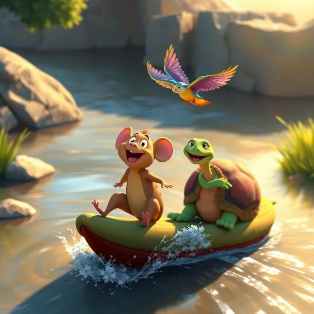 Tito, el ratón y Tula, la tortuga, cruzando un río, con Pipo, el pájaro de colores brillantes, volando sobre ellos, joyful scene, digital painting, warm light, adventure feel, high quality
