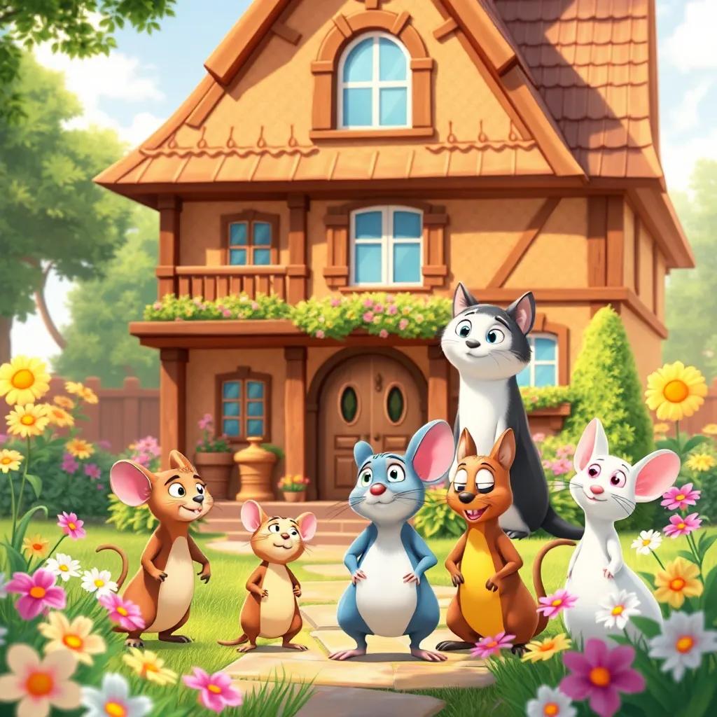 Tito, el ratón y sus amigos frente a una casa grande, con un gato amistoso observándolos, surrounded by flowers and sunshine, cheerful illustration, colorful and inviting, high quality
