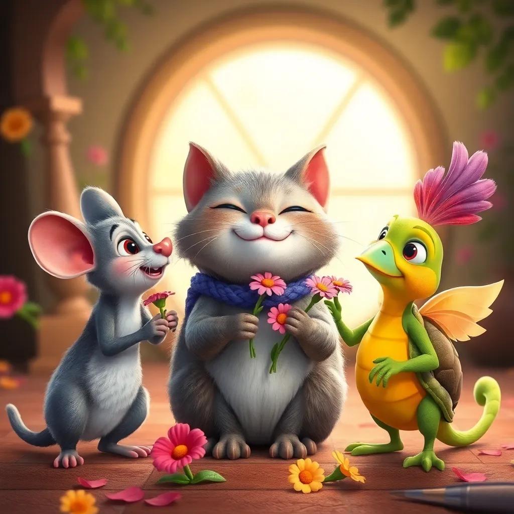 Tito, el ratón, Tula, la tortuga y Pipo, el pájaro, entregando flores al gato amable, con sonrisas en sus rostros, heartwarming scene, bright colors, joyful ambiance, high quality