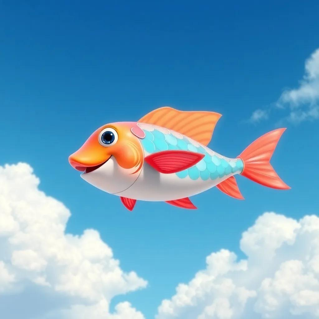A flying fish named Pipo, with bright scales and wings soaring in the blue sky, surrounded by fluffy white clouds, joyful atmosphere, colorful and cheerful