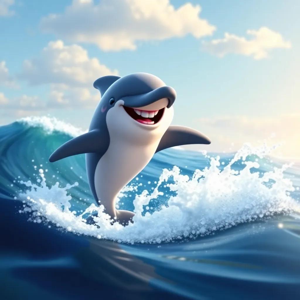 A dolphin named Dab jumping out of the water, splashing waves around him, with a big smile, sunny ocean background, adventure-filled scene, vibrant colors