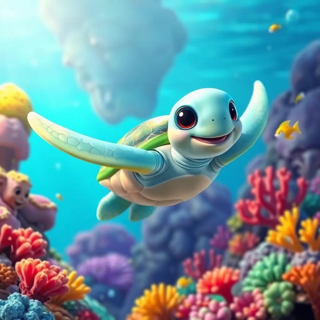 A turtle named Tula swimming playfully in the ocean, with a colorful coral reef and small fish around, bright and lively, child-friendly setting