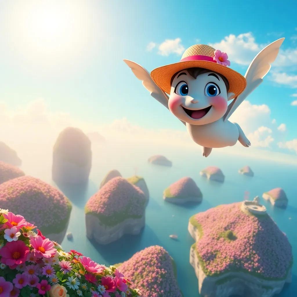 Pipo flying high above beautiful islands covered in flowers, sun shining brightly, happy expression, vibrant landscape, enchanting and magical