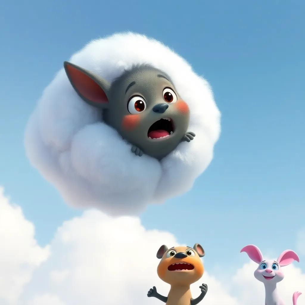 Pipo caught in a fluffy cloud, a surprise look on his face, with friends Dab and Tula below, action scene, comical and playful atmosphere