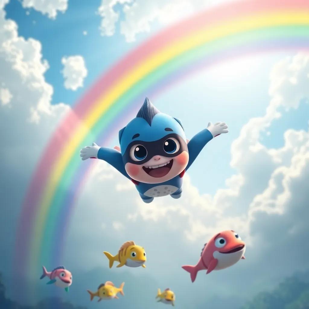 Pipo flying through a big rainbow in the sky, colorful and bright, feeling like a superhero, with his friends swimming below, cheerful and adventurous