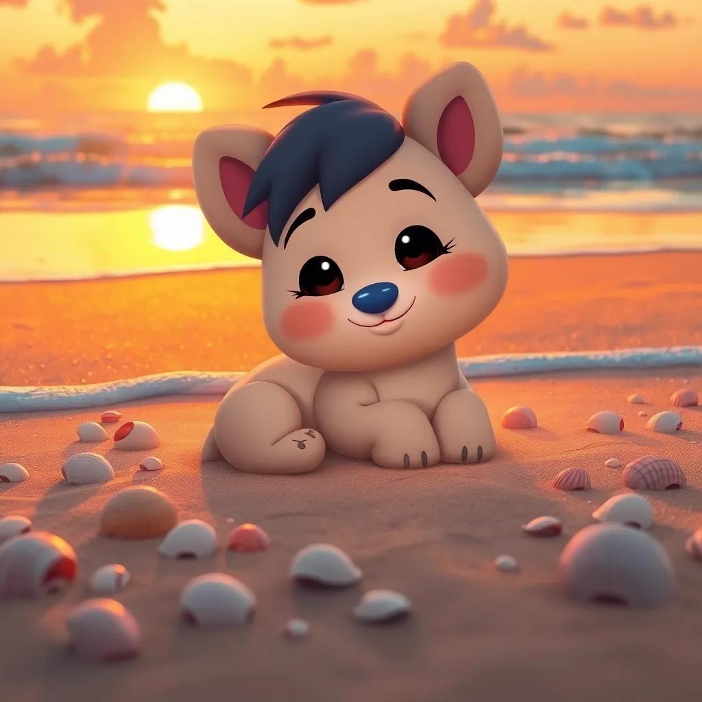 A beautiful beach scene with Pipo resting on the sand, surrounded by seashells, waves gently crashing, sunset in the background, warm and inviting