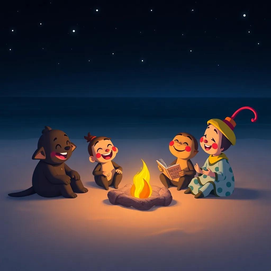 A night-time beach party with Pipo, Dab, and Tula laughing and telling stories around a small fire, stars twinkling above, heartwarming and joyful atmosphere