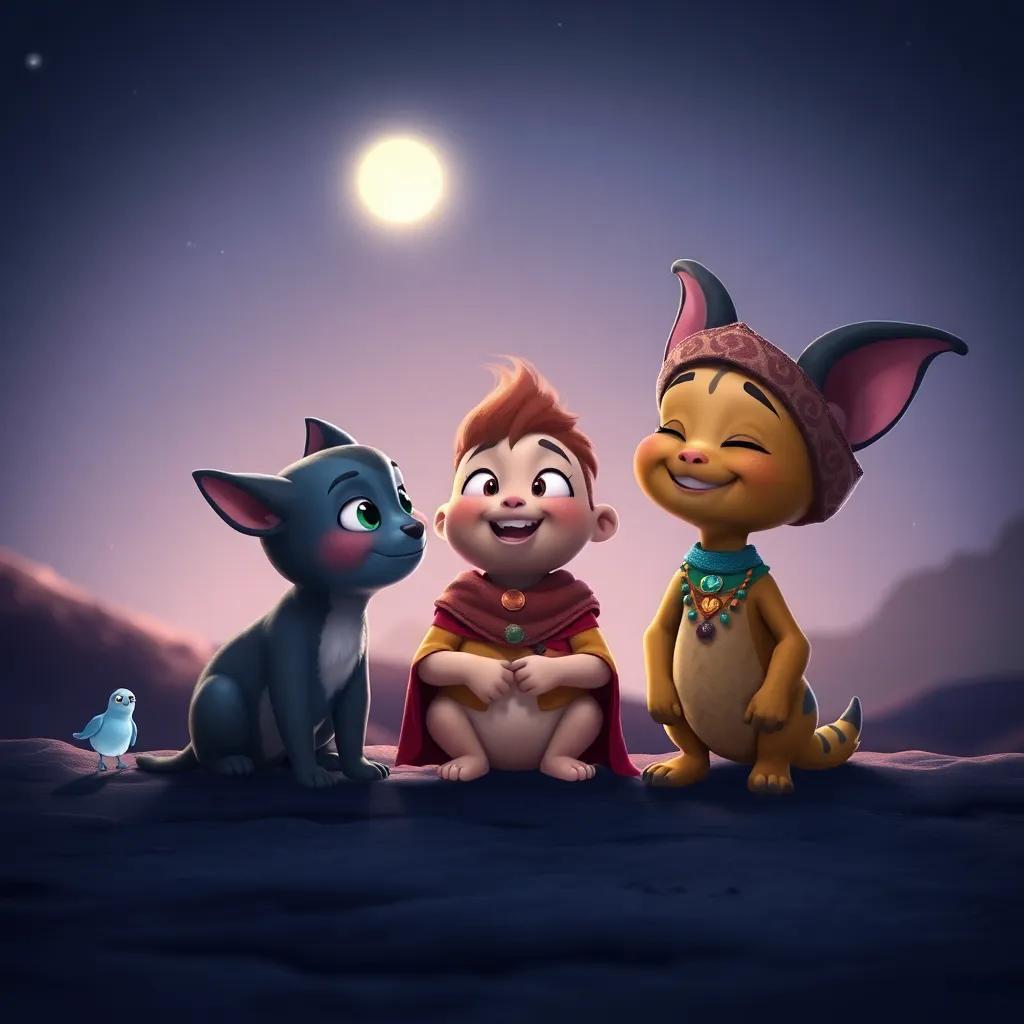 Pipo, Dab, and Tula looking at each other with smiles, happy to have shared their adventure, under the moonlight, reflecting friendship and joy