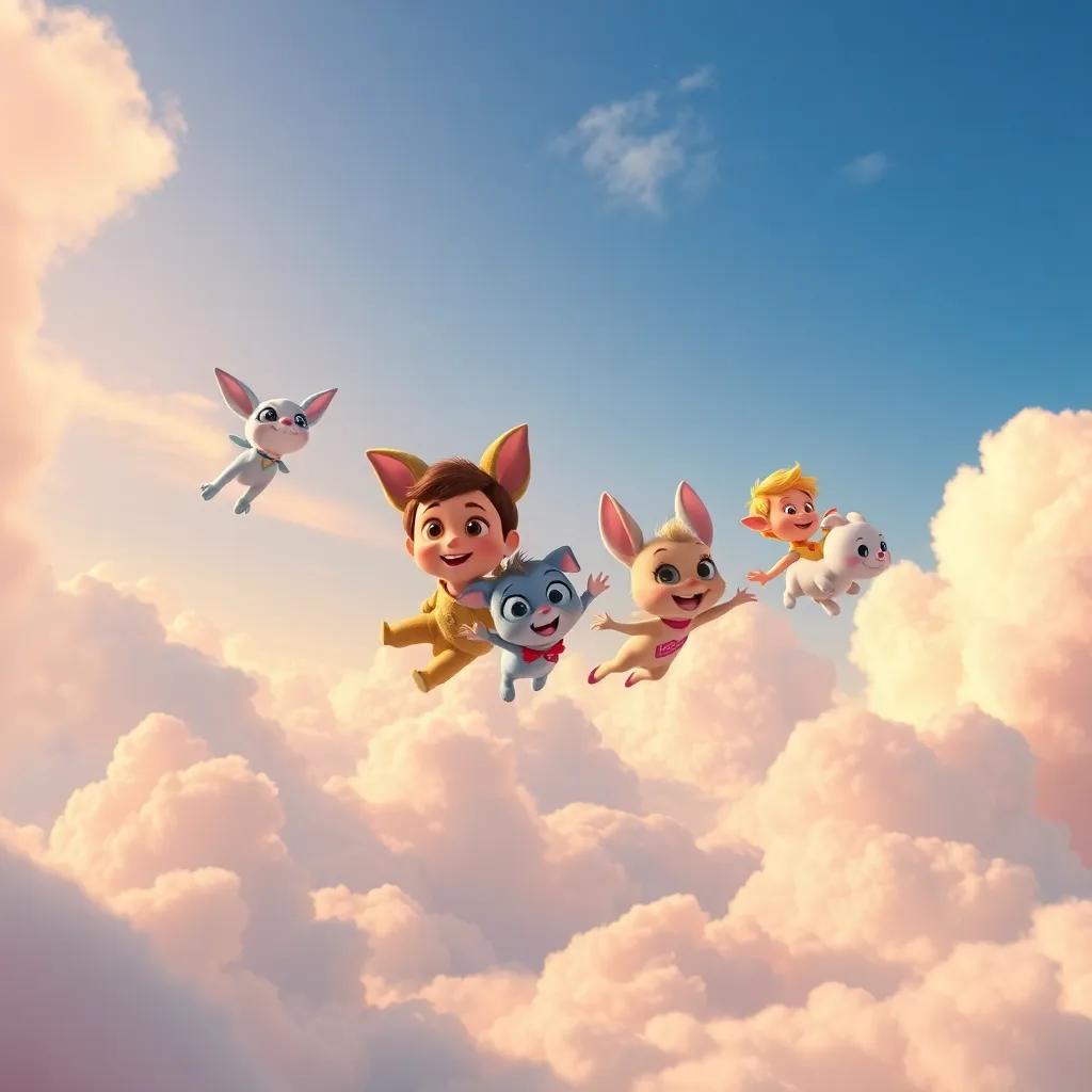 A serene image of Pipo and friends flying together in the sky, playing and enjoying life, colorful clouds, dreams, and hope, beautiful and inspiring