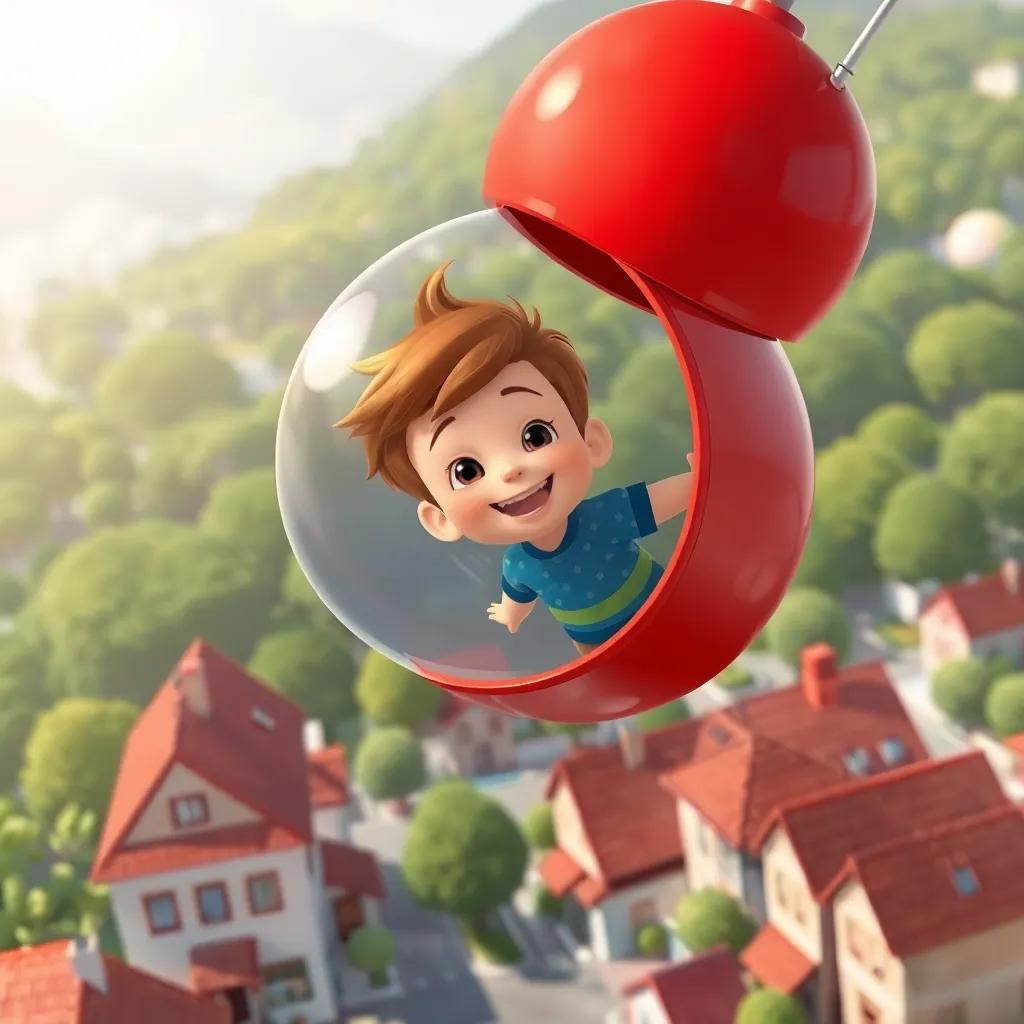 Lucas, un niño pequeño con cabello castaño, feliz dentro de un globo rojo brillante, volando sobre un vecindario, con casas pequeñas y árboles verdes, ilustración, divertida y vibrante, vista desde abajo, calidad alta