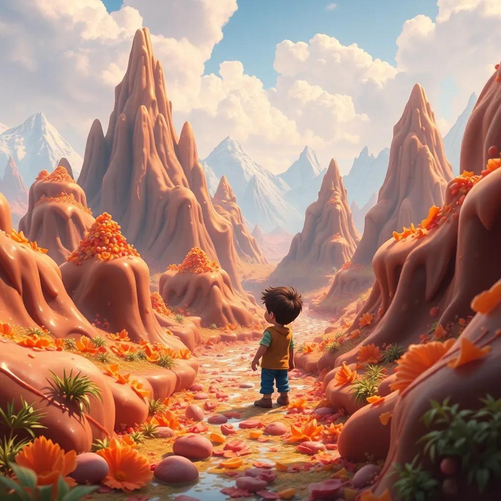 Un paisaje mágico con montañas de caramelos y ríos de chocolate, Lucas explorando con curiosidad, rodeado de dulces colores, en un mundo de sueños, digital painting, colorido y hermoso, perspectiva expansiva, calidad detallada