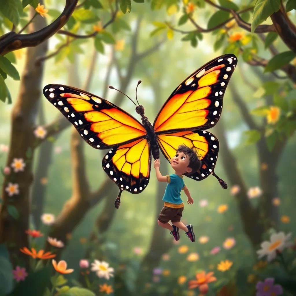 Una colorida mariposa volando con Lucas, el niño pequeño, en un bosque lleno de árboles que hablan y flores que bailan, animado y alegre, ilustración mágica, colorido, calidad alta