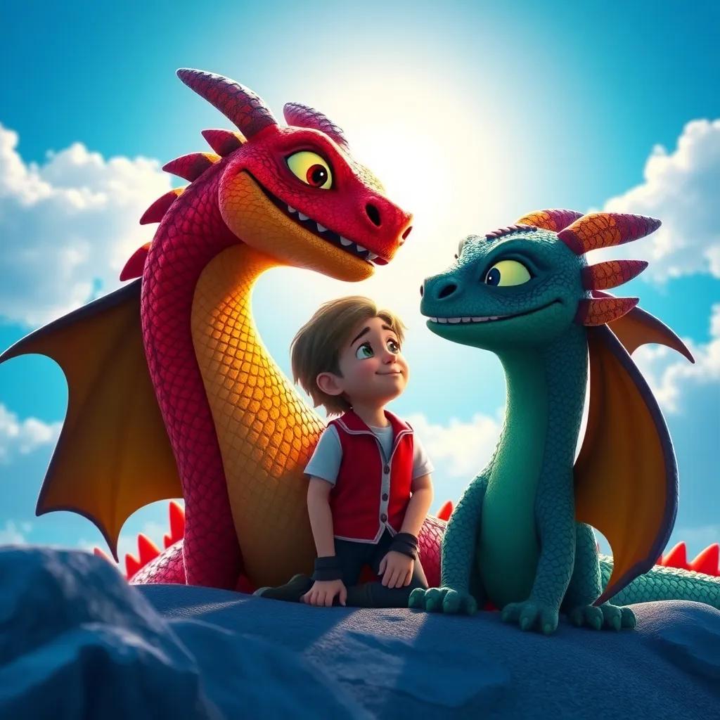Drako, un dragón amistoso de colores brillantes, sonriendo junto a Lucas en un arcoíris brillante, el cielo azul detrás, digital art, mágico y alegre, vista amplia, alta calidad