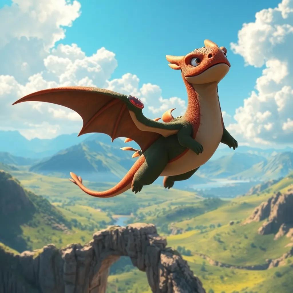 Lucas volando sobre un arcoíris con Drako, el dragón amable, viendo el paisaje pequeño y hermoso, digital painting, vibrante, perspectiva amplia, alta calidad