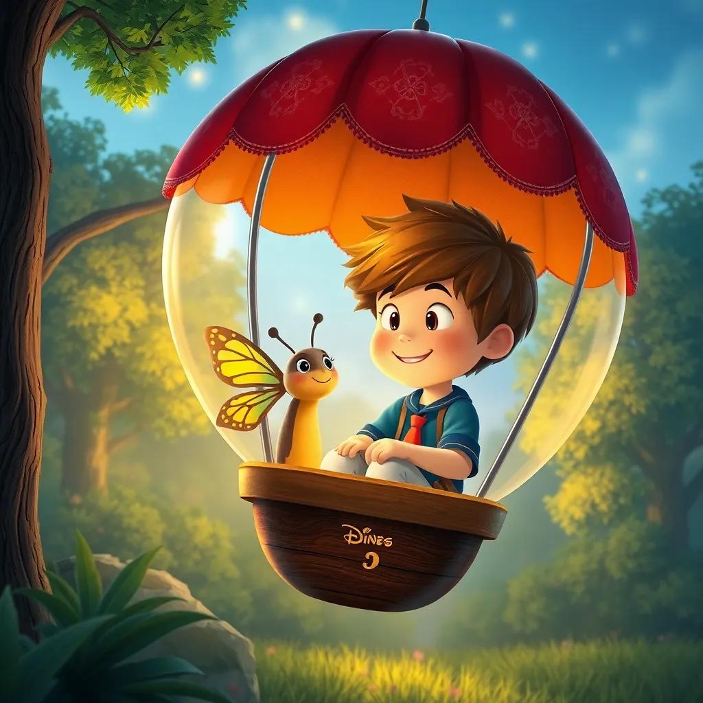 Lucas regresando al parque en su globo, despidiéndose de Drako y la mariposa con una sonrisa, ambiente amigable y cálido, ilustración, colorido, calidad alta