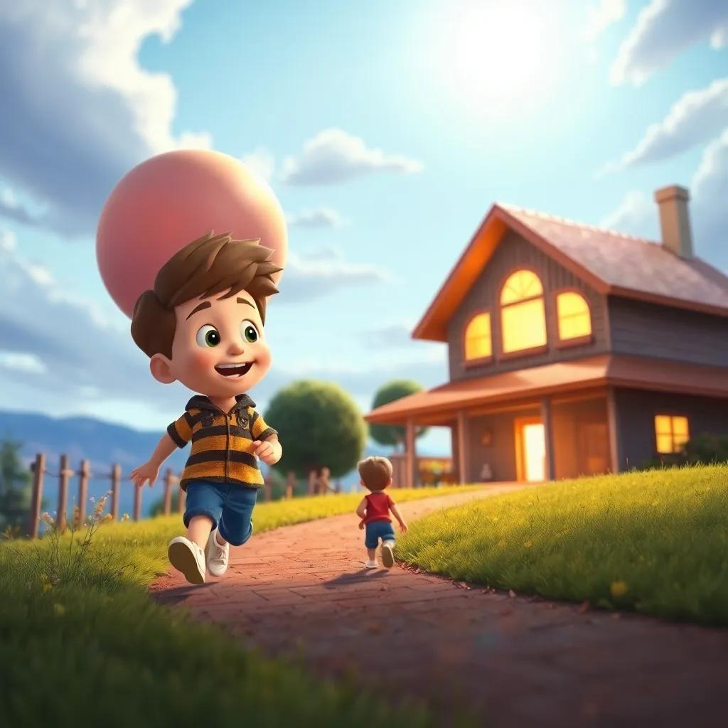 Lucas corriendo feliz hacia su casa, soñador y emocionado, bajo un cielo despejado, mientras que el globo se eleva suavemente, digital art, cálido y alegre, perspectiva clara, alta calidad