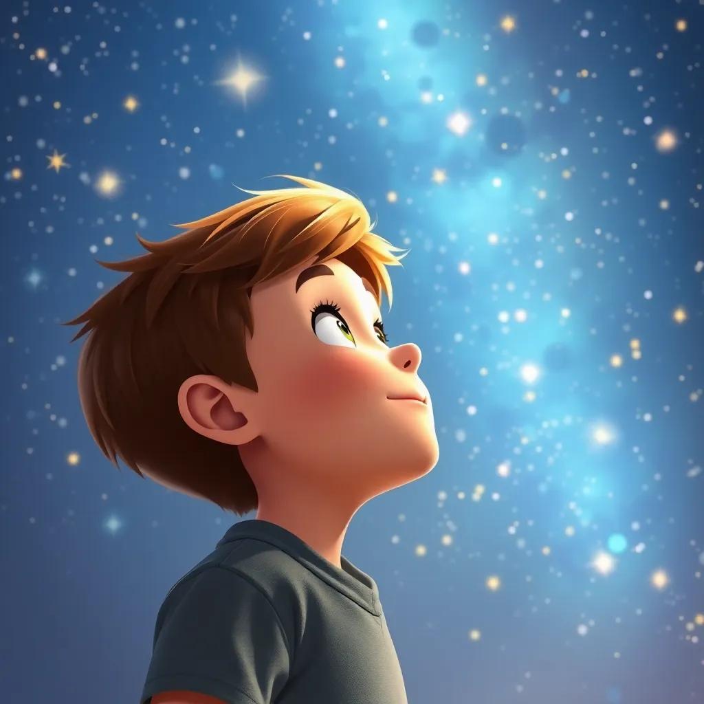 Lucas, un niño emocionado con cabello castaño, mirando hacia el cielo lleno de estrellas, soñando con su próximo viaje mágico en el globo, ilustración mágica, suave y brillante, calidad alta