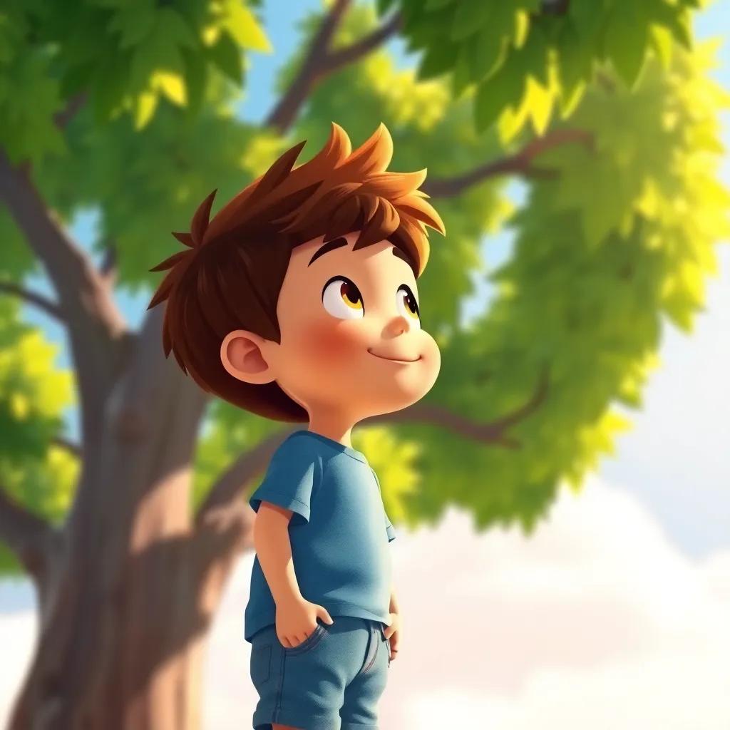Un niño llamado Tomás, con cabello castaño, usando una camiseta azul y pantalones cortos, mirando al cielo soleado, rodeado de árboles verdes, digital art, bright colors, cheerful atmosphere, high quality