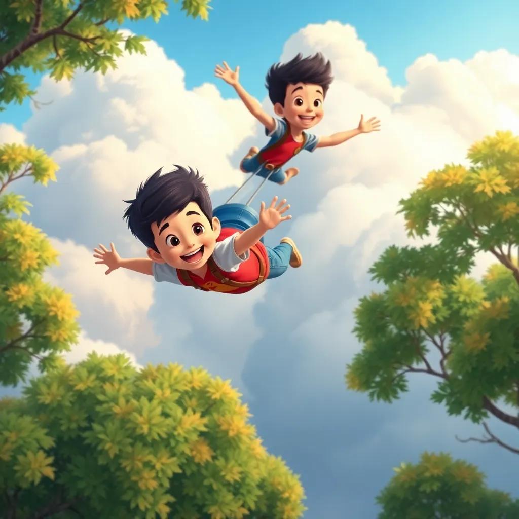 Tomás subiendo a una nube blanca y esponjosa, con su amigo Juan, un niño con cabello rizado y camiseta roja, volando entre los árboles, illustration, vibrant colors, adventure scene, joyful
