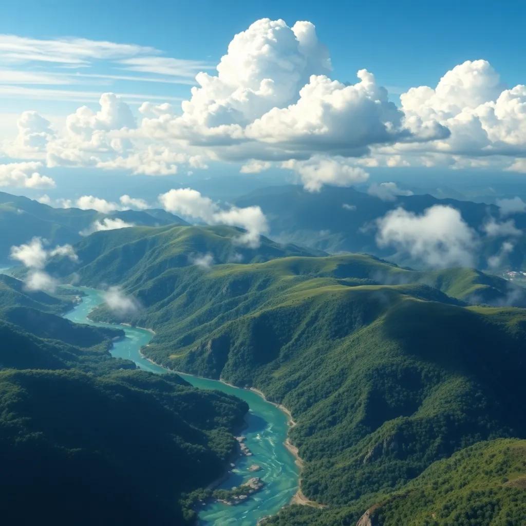 La nube volando sobre paisajes hermosos, mostrando montañas verdes y ríos brillantes debajo, digital art, colorful scenery, enchanting atmosphere, high quality