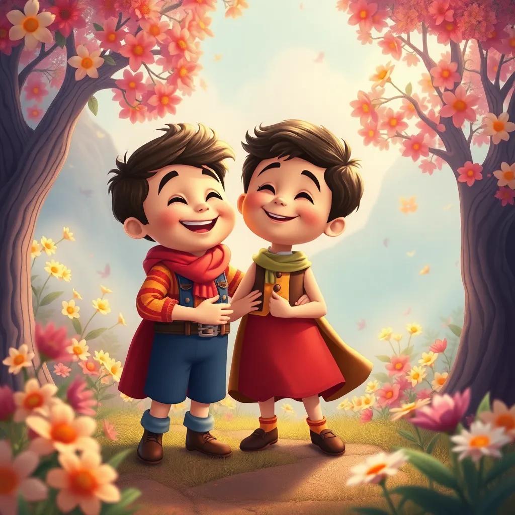 Tomás y Juan en un lugar mágico, rodeados de flores cantando y árboles bailando, ambos riendo felices, illustration, whimsical, vibrant colors, child-friendly
