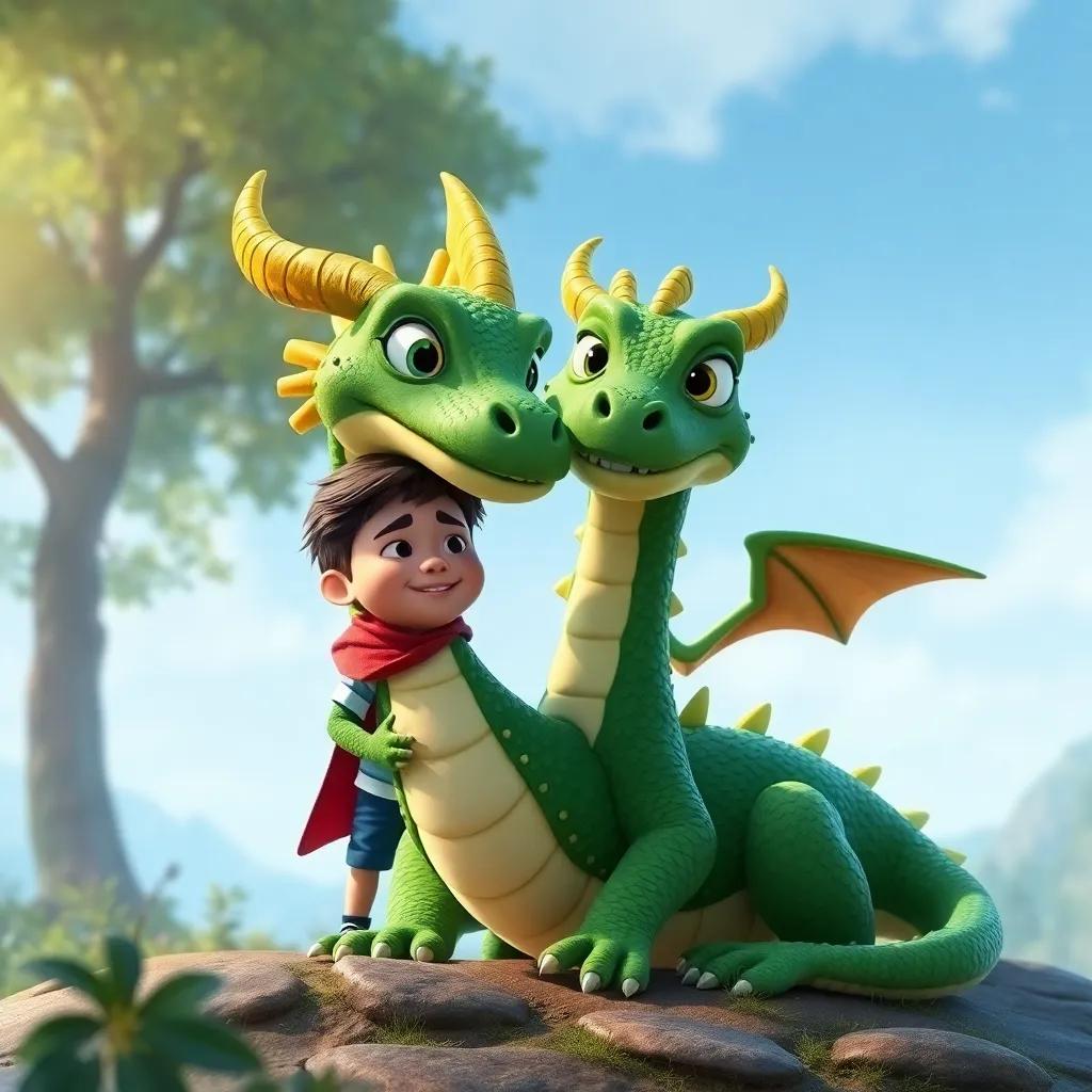 Un dragón amigable llamado Drago, con escamas verdes y ojos brillantes, sonriendo a Tomás y Juan, en un paisaje de ensueño, digital art, friendly, magical, high quality