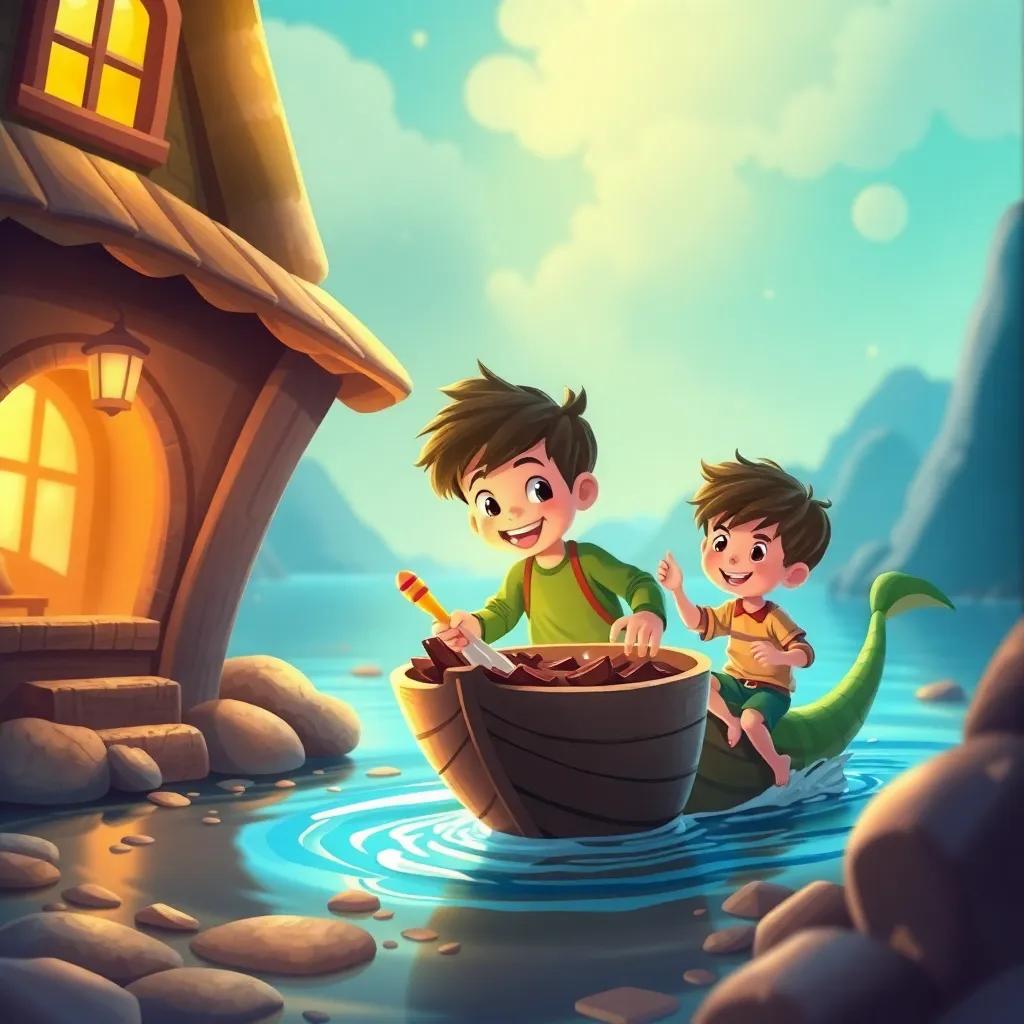 Drago llevando a Tomás y Juan a su hogar con un lago de chocolate y colinas de malvavisco, niños jugando y riendo, illustration, sweet atmosphere, colorful