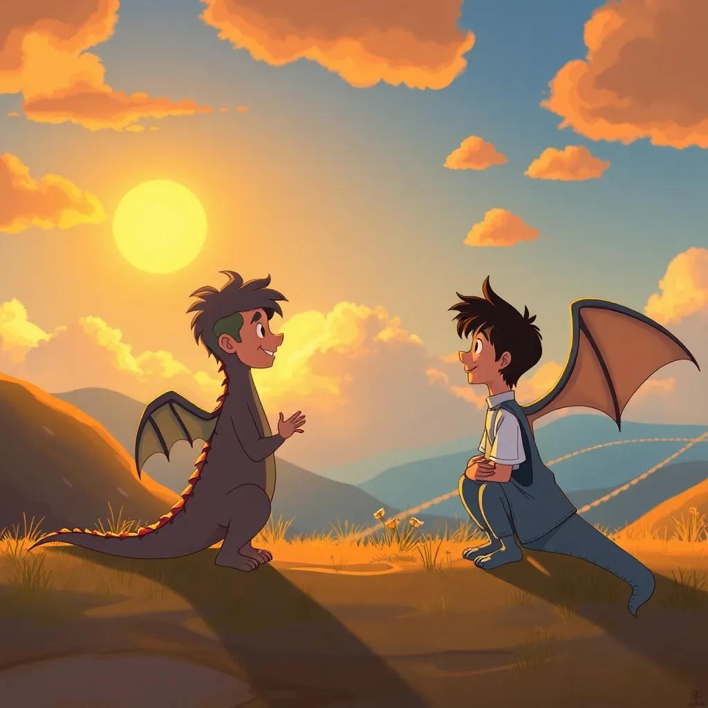 El sol poniéndose mientras Drago despide a Tomás y Juan, con una nube detrás de ellos y un paisaje mágico, illustration, warm colors, heartwarming scene