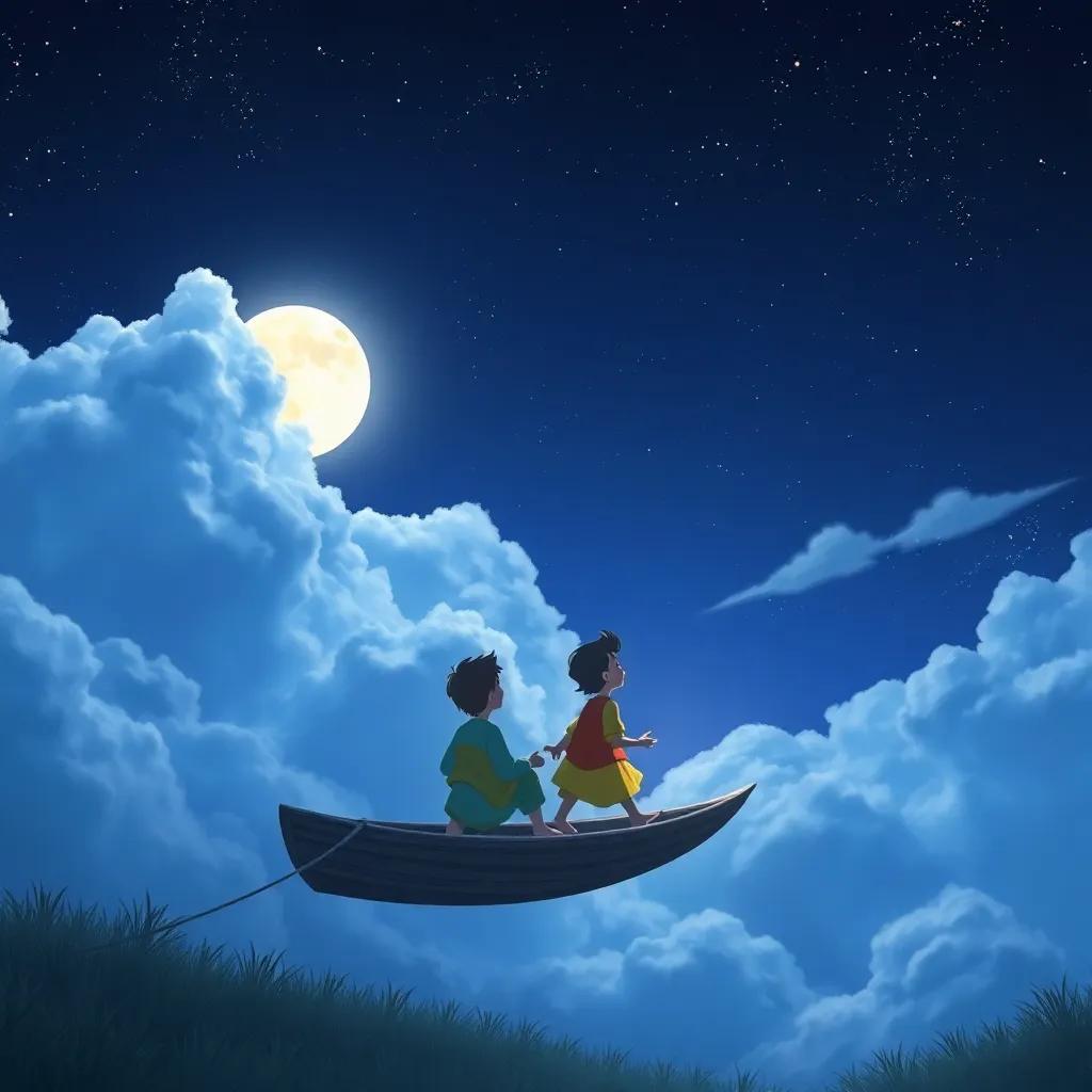 La nube llevando a Tomás y Juan de regreso a casa, con el cielo estrellado y la luna brillante, digital art, peaceful atmosphere, high quality