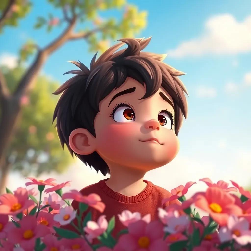 Un niño travieso llamado Leo, de cabello rizado y piel clara, mirando hacia el cielo en un día soleado, rodeado de flores y árboles, ilustración alegre, colores vibrantes, ambiente cálido, alta calidad