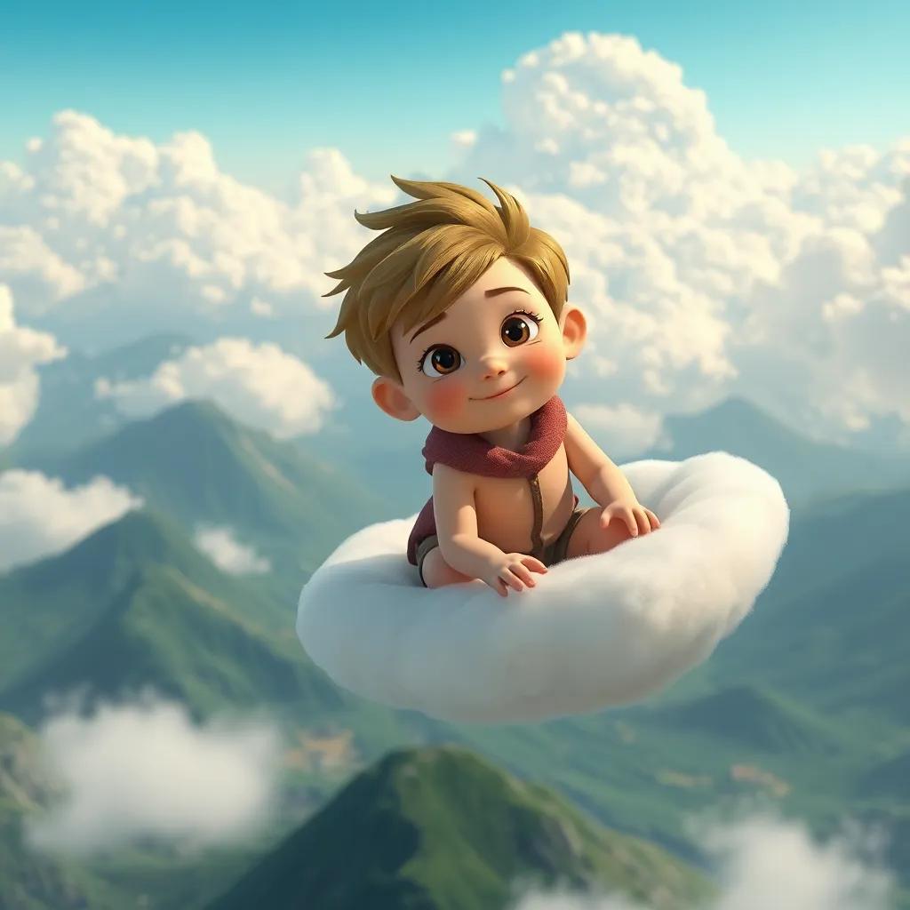 Leo, un niño travieso con cabello rizado y piel clara, sentado sobre una nube suave y esponjosa, volando sobre montañas verdes y ríos brillantes, arte digital, colores vivos, sensación de libertad, alta calidad