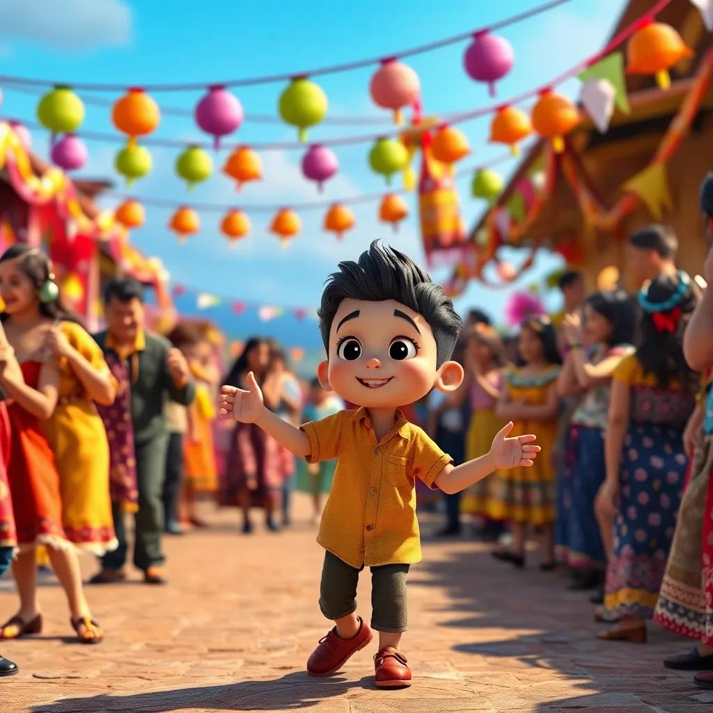 Un festival en un país lejano con gente bailando y riendo, Leo, un niño travieso con cabello rizado y piel clara, bailando con ellos, con decoraciones coloridas, celebración alegre, arte digital, colores festivos, alta calidad