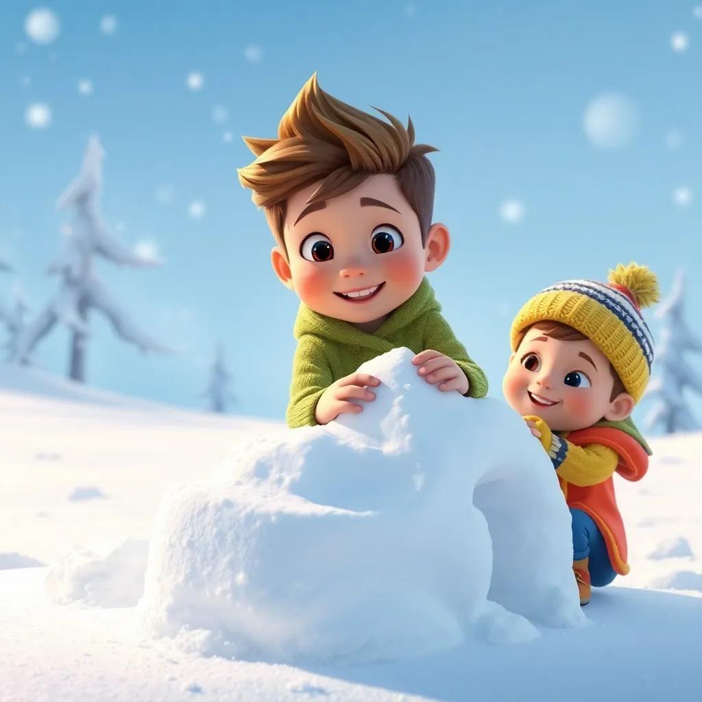 Leo, un niño travieso con cabello rizado y piel clara, jugando en un lugar nevado con un niño llamado Sam, construyendo un muñeco de nieve con mucha diversión, paisaje invernal, colores fríos, arte digital, alta calidad