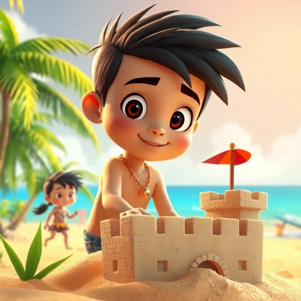Un país tropical lleno de playas soleadas, Leo, un niño travieso con cabello rizado y piel clara, construyendo un castillo de arena con otros niños, ambiente alegre, colores cálidos, arte digital, alta calidad