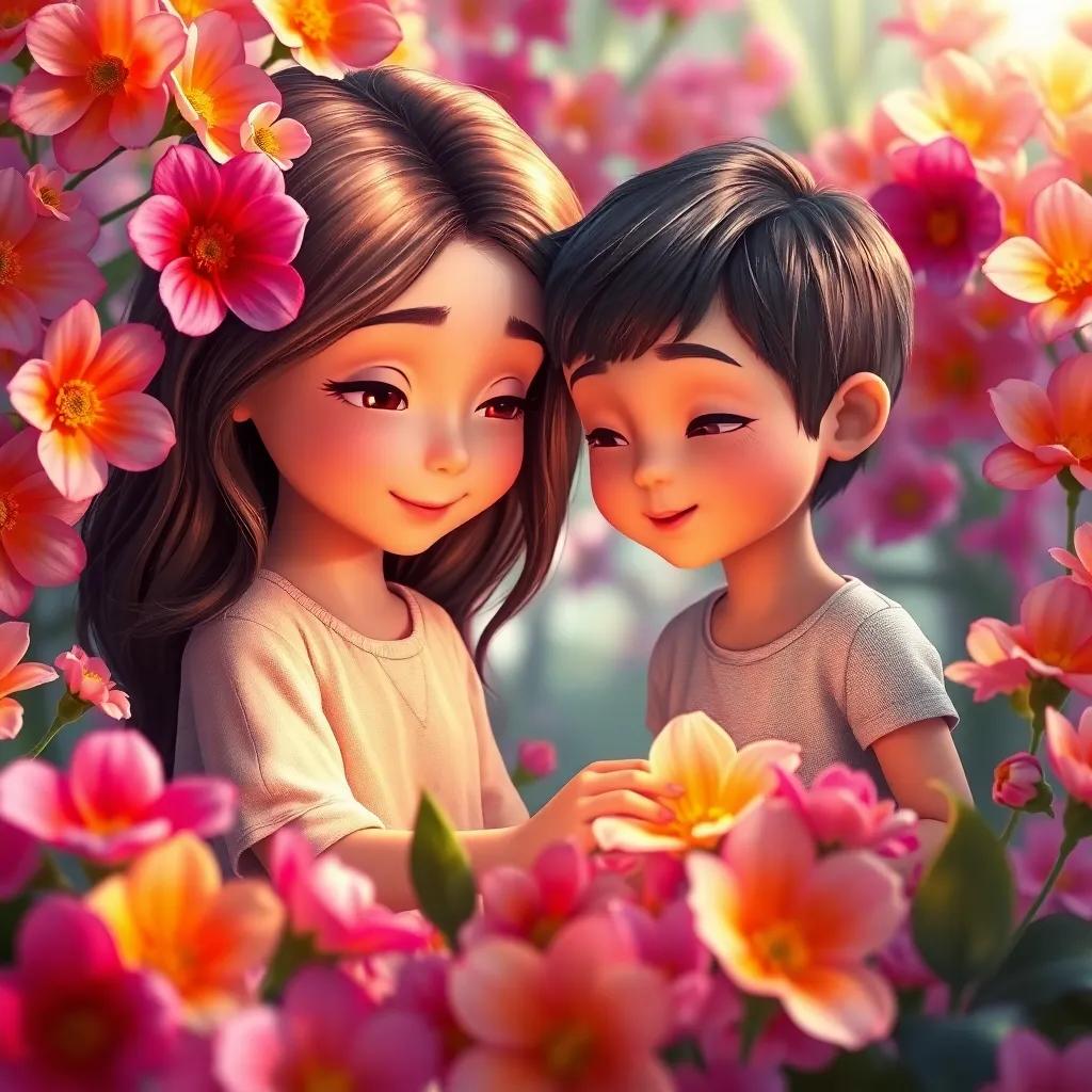 Una niña llamada Ana, con cabello largo y piel clara, rodeada de flores de colores brillantes, enseñando a Leo, un niño travieso con cabello rizado y piel clara, sobre las flores, ambiente colorido, arte digital, alta calidad