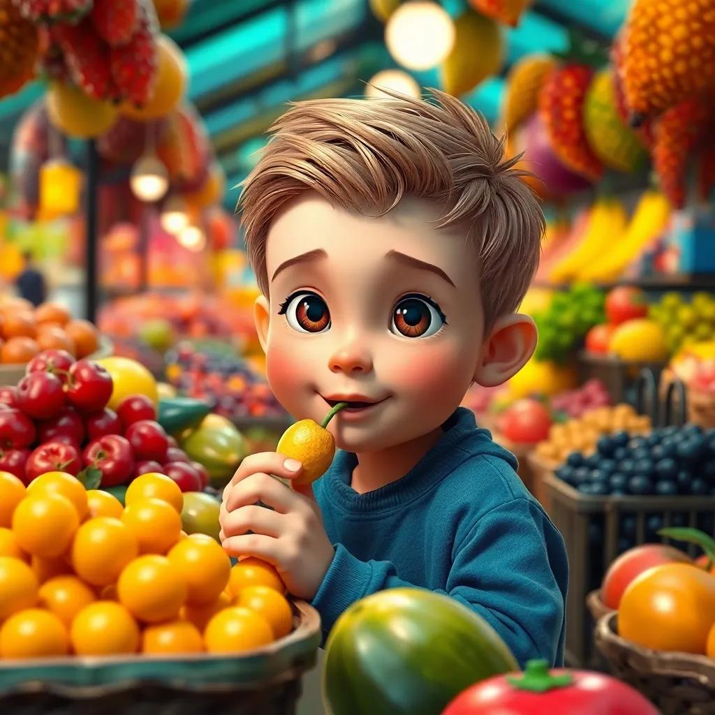 Un bullicioso mercado lleno de frutas exóticas, Leo, un niño travieso con cabello rizado y piel clara, probando frutas con una expresión de sorpresa, ambiente vibrante, arte digital, colores intensos, alta calidad