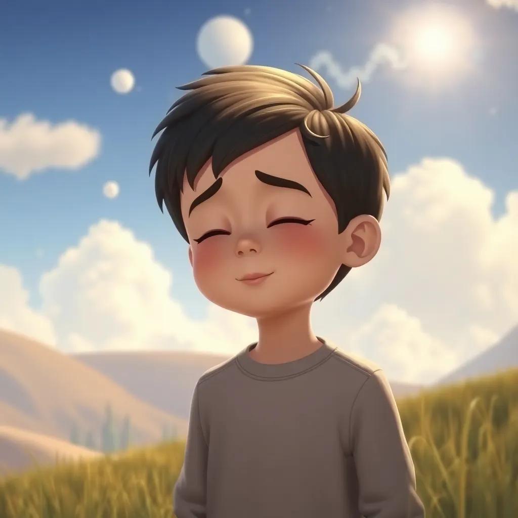 Leo, un niño travieso con cabello rizado y piel clara, sonriendo mientras se despide de una nube suave que lo trajo a casa, en un paisaje familiar, arte digital, atmósfera cálida, alta calidad
