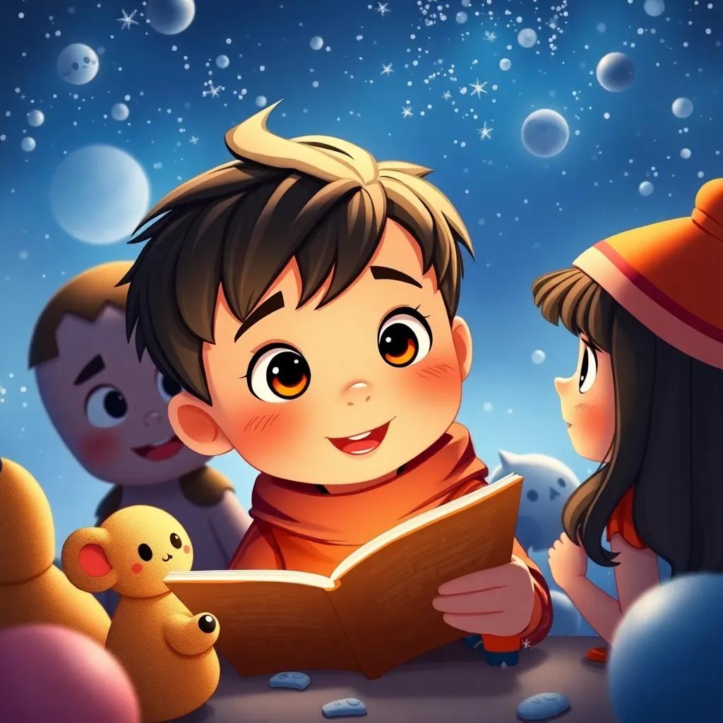Leo, un niño travieso con cabello rizado y piel clara, contando historias a sus amigos sobre sus aventuras en la nube, ambiente amigable, ilustración vibrante, alta calidad